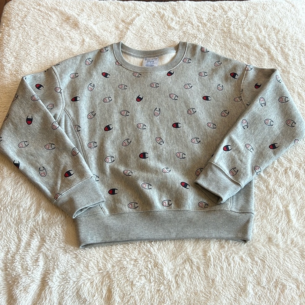 Champion Size M Womens Gray All Over Logo Print Reverse Weave Sweatshirt